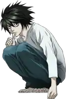 a person with a white shirt and blue pants is squatting down with their finger to their mouth