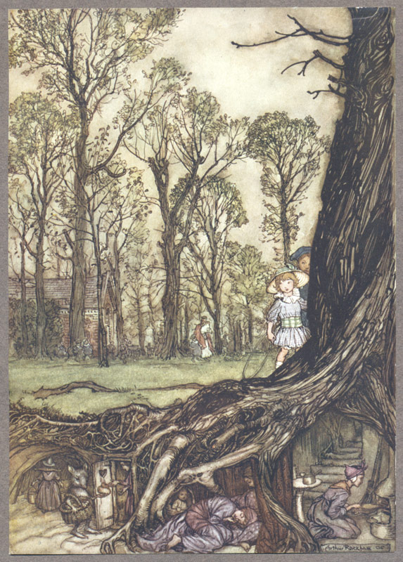 Fairies House under the Tree, Antique Print by Rackham
