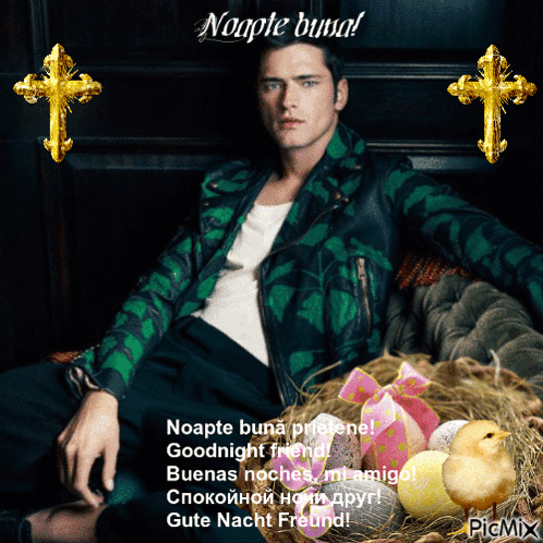 a man in a green jacket sits on a couch next to a nest of eggs and a cross