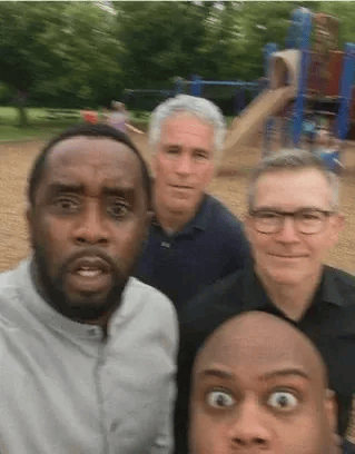 a group of men are posing for a selfie at a playground .