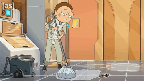 a cartoon of a man holding a mop with the letters as on the bottom right