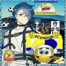 a picture of a boy with blue hair and a sign that says de la independencia