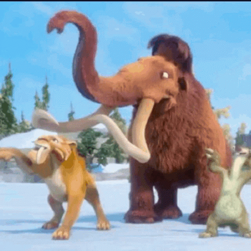 a group of cartoon animals standing next to each other including a mammoth