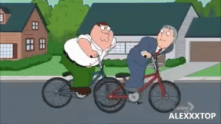 a cartoon of peter griffin riding a bike next to another man