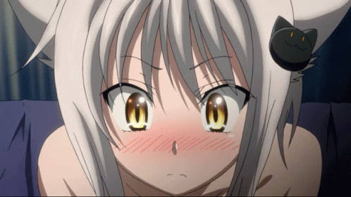 a girl with a cat ear and a black cat on her head