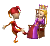 a cartoon of a jester standing next to a princess wearing a crown