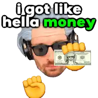a man wearing headphones and sunglasses holding a 100 dollar bill