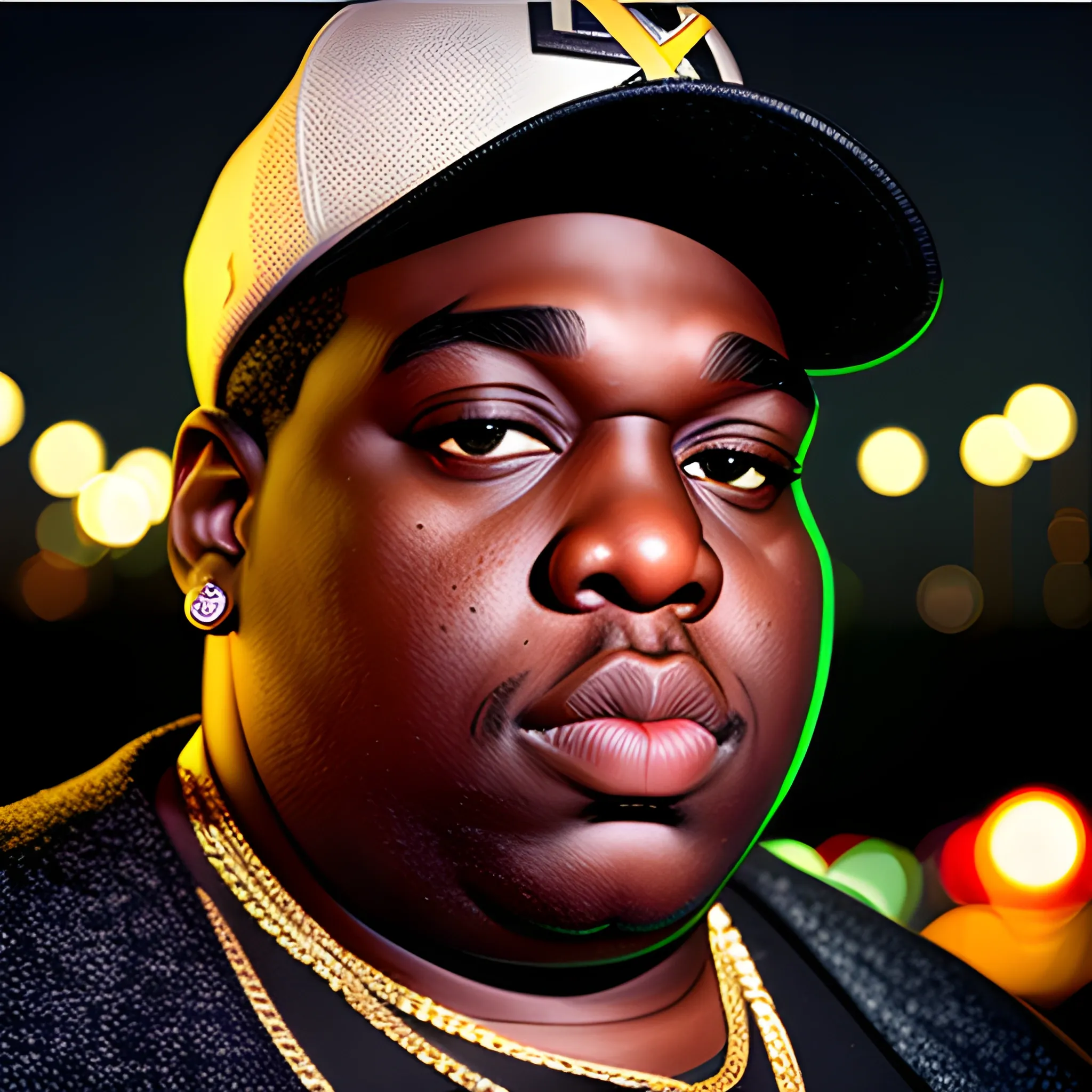 Biggie Smalls, 53 years old, photorealistic, dimmed lighnting, bokeh ...