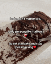 a piece of chocolate cake with a fork sticking out of it and the words looks don t matter bro