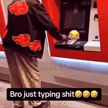 a man wearing a jacket that says bro just typing shit is using an atm machine