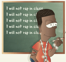 a cartoon of bart simpson standing in front of a chalkboard that says i will not rap in class