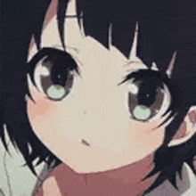 a close up of a anime girl 's face with green eyes and black hair .
