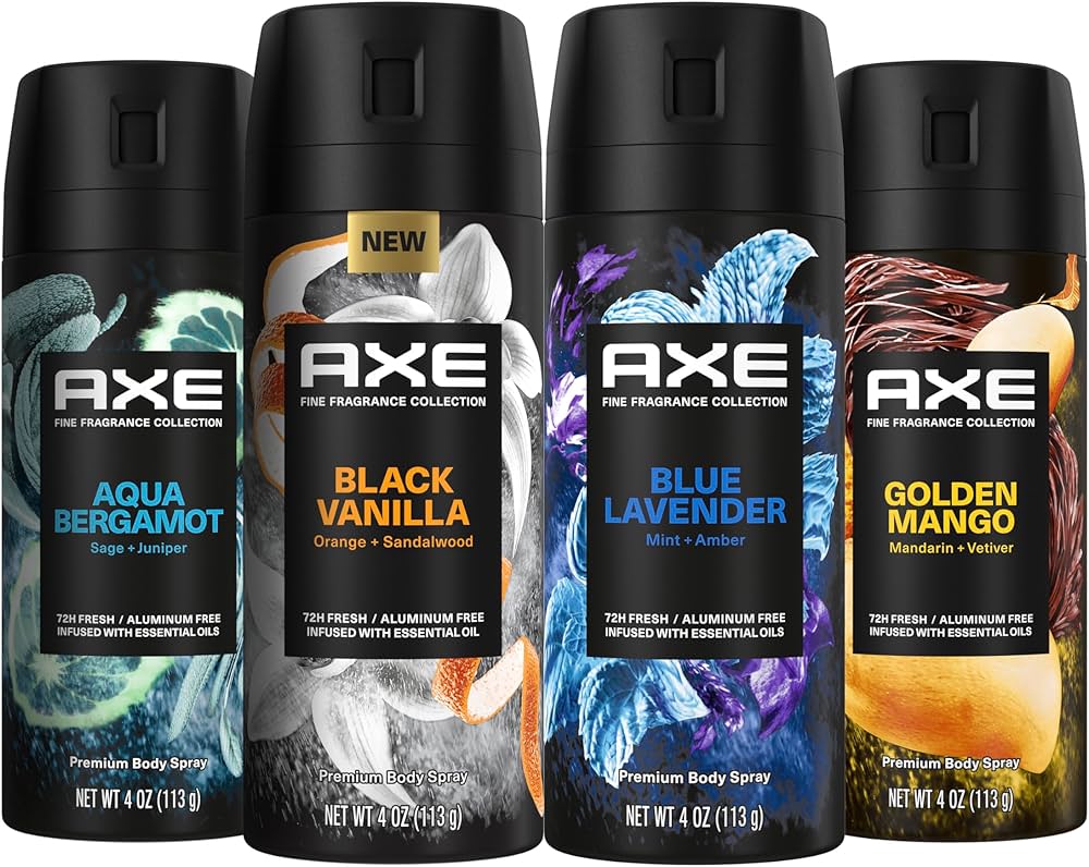 Amazon.com : AXE Fine Fragrance Collection Premium Deodorant Body Spray for  Men - Variety Pack - Blue Lavender, Aqua Bergamot, Golden Mango, & Black  Vanilla - Pack of 4 72H Odor Protection,