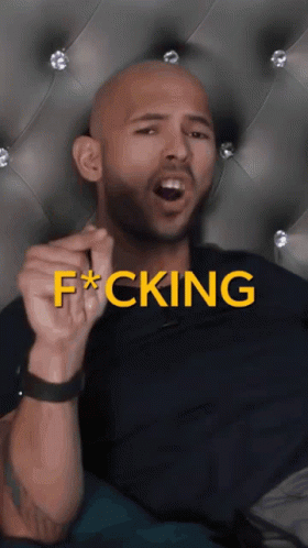 a bald man with a beard is making a funny face with the word fucking in yellow