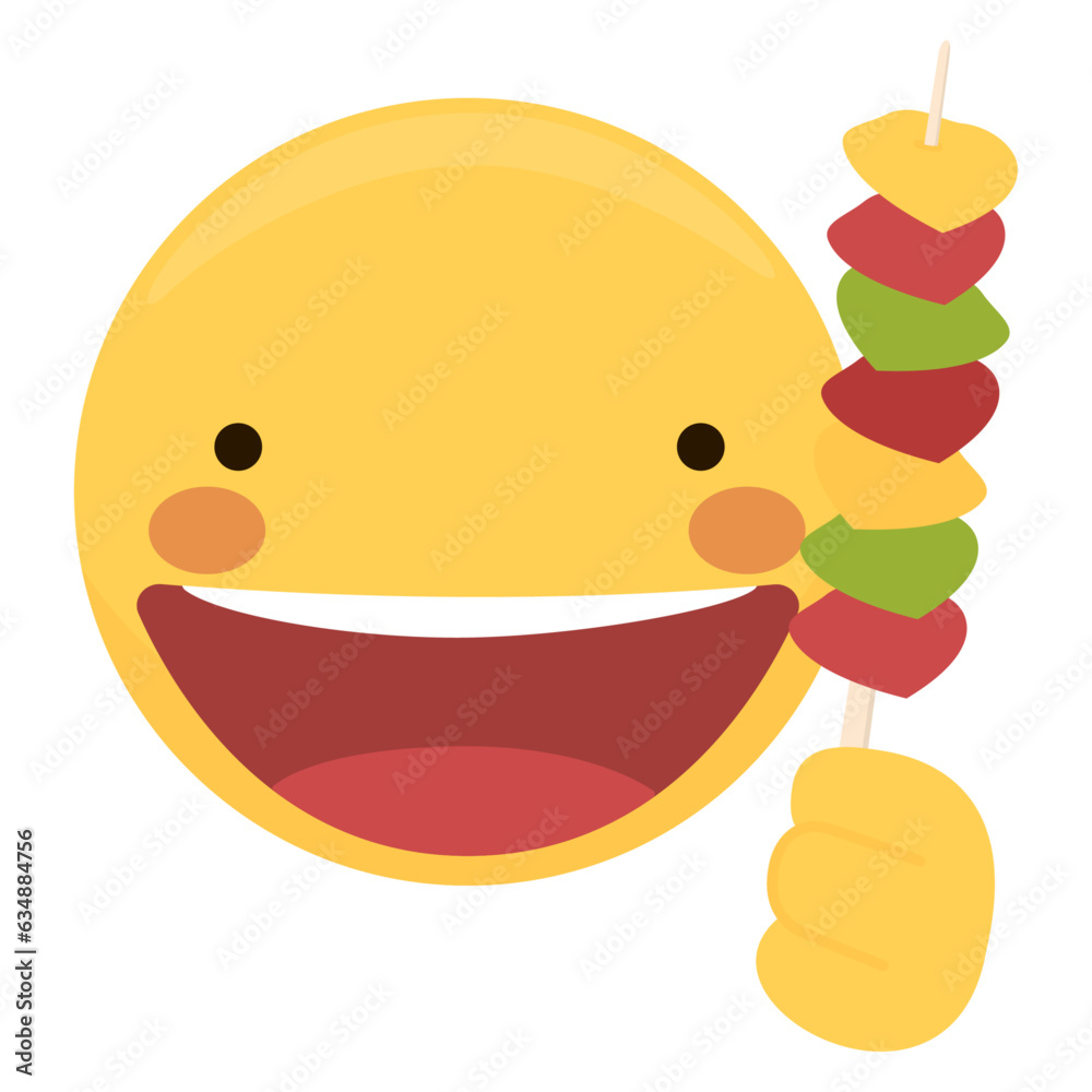 Grilled meat skewer, shish kebab with vegetables. Happy emoji face with ...