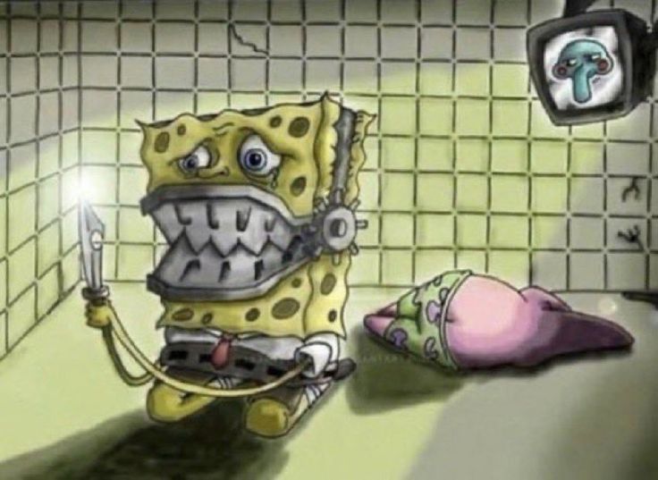 This may contain: a spongebob character is holding a knife in the bathroom