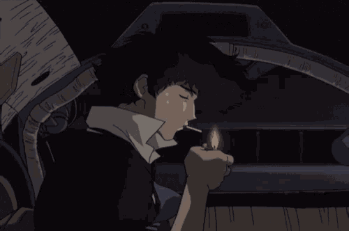 a cowboy bebop character is smoking a cigarette
