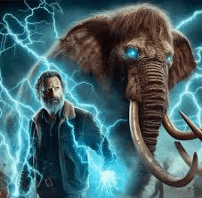a man with a beard is standing next to an elephant with lightning coming from it .