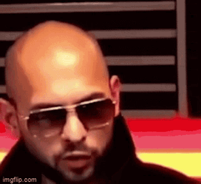 a bald man with a beard wearing sunglasses and a black jacket .