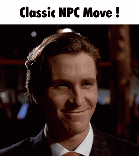 a man in a suit and tie is smiling with the words classic npc move above him