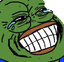 a cartoon of a green frog with a big smile and a tear coming out of his eye .