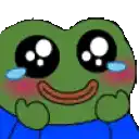 a cartoon frog is crying and smiling while wearing a blue sweater .