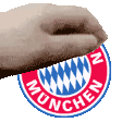 a hand is holding a munchen logo on a white background