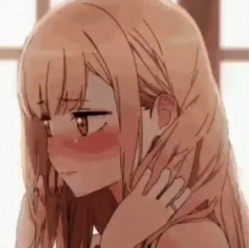 a close up of a blonde anime girl with long hair covering her face with her hand .