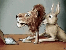 a cartoon drawing of a lion and a rabbit using a laptop