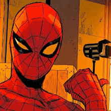 a close up of a spider-man holding a microphone in his hand .
