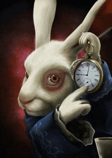 a white rabbit with red eyes is holding a pocket watch