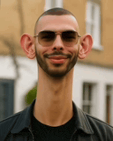 a man wearing sunglasses and a leather jacket has a very long neck and ears . a man wearing sunglasses and a leather jacket has a very long neck and ears .