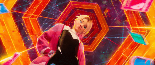 a woman in a pink jacket is standing in front of a colorful background in spider-man into the spider-verse .