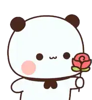 a cartoon panda bear is holding a pink rose in its hand