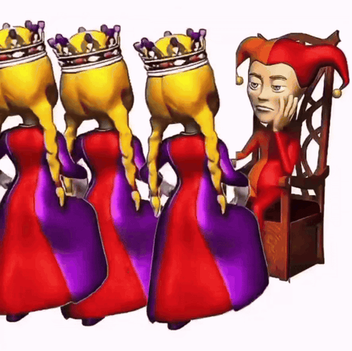 a cartoon drawing of a jester sitting in a chair