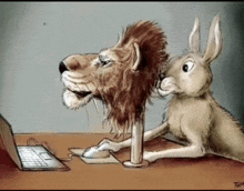 a cartoon of a lion and a rabbit using a laptop