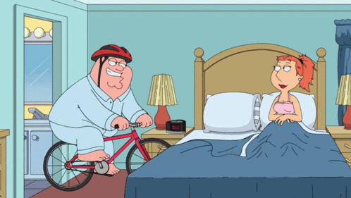 a cartoon of peter griffin riding a bike next to a woman in a bed