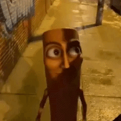 a cartoon character with a beard is standing on a sidewalk in an alleyway .