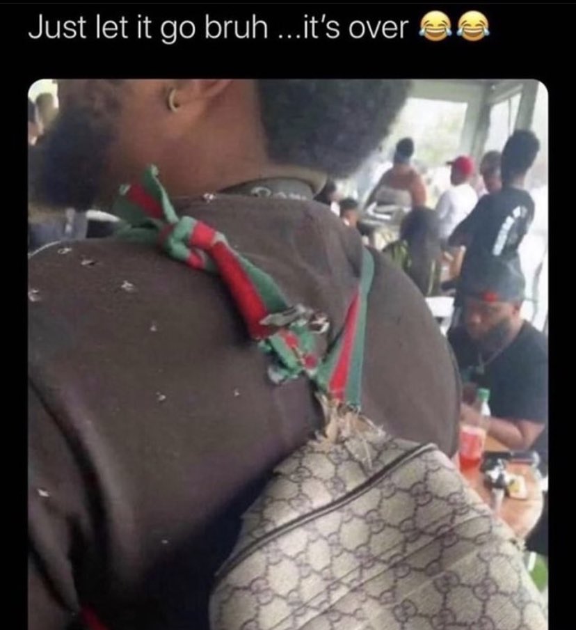 man wearing gucci backpack straps broken and repaired several times barely  holding on just let it go bruh it's over
