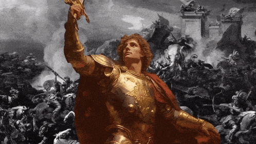 a painting of a man in armor holding a sword in front of a crowd of people